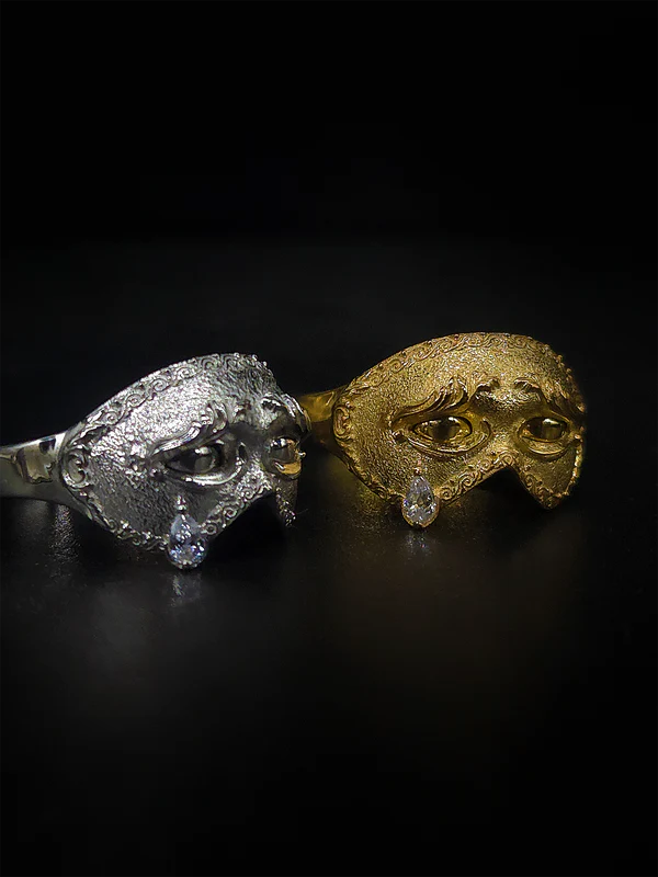 Venetian Mask Diamond Teardrop Ring With Purple Gemstone Crystals Eye