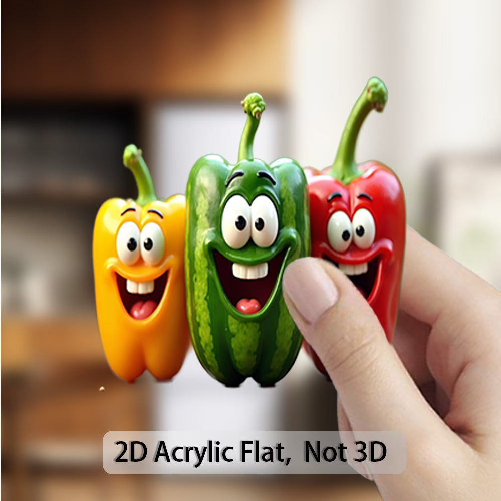 2D Flat, 1 Acrylic Fridge Magnet, 3.15 Inches, Cartoon Pepper Joy Trio - Bright Yellow