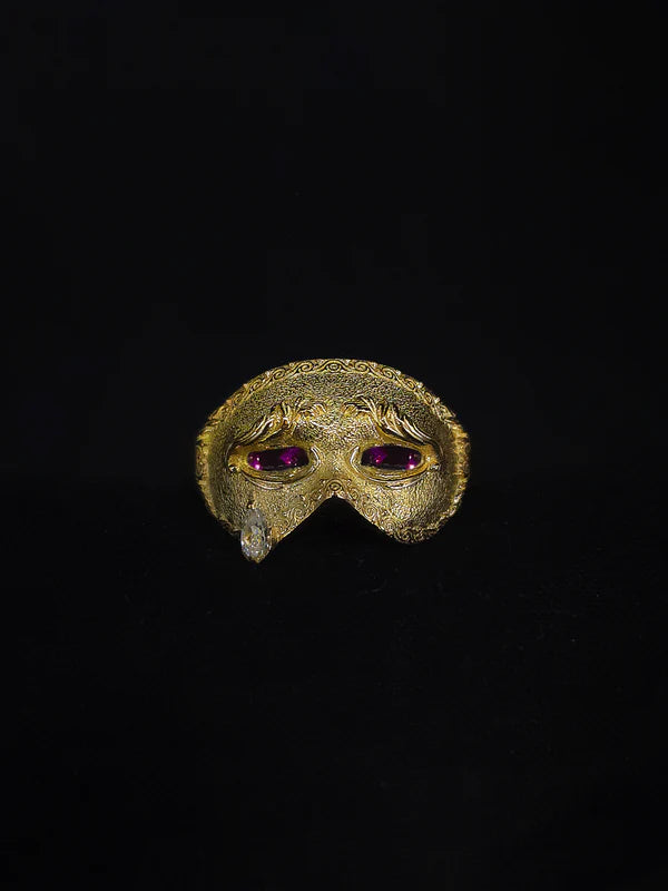Venetian Mask Diamond Teardrop Ring With Purple Gemstone Crystals Eye