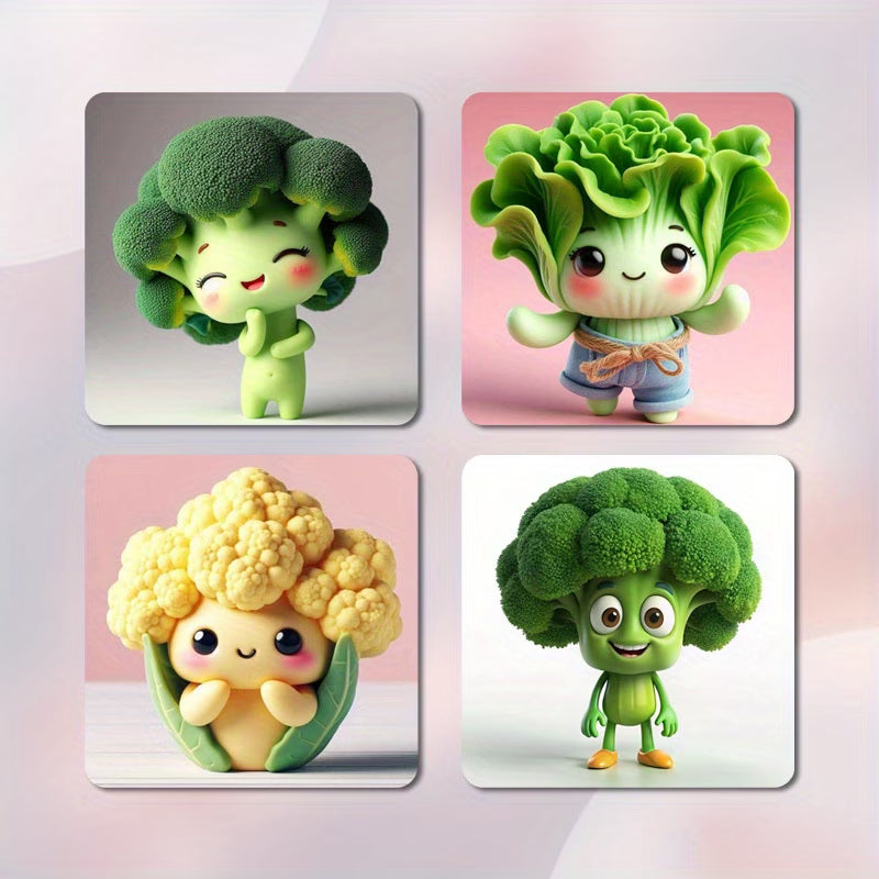 2D FALT 4pcs Face Magnets Set - Broccoli Cauliflower Cabbage Lettuce with Expressive Eyes for Dishwasher